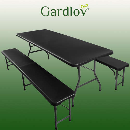 Table de jardin pliante 180 cm + 2 bancs - noir