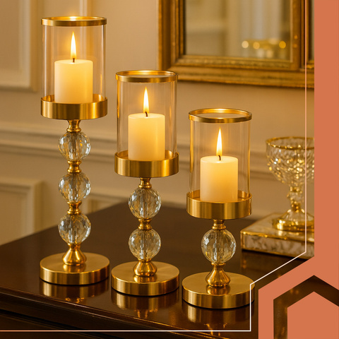 Ensemble de 3 bougeoirs et lanternes dorés Ruhhy 26487