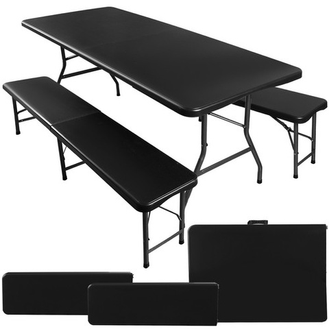 Table de jardin pliante 180 cm + 2 bancs - noir