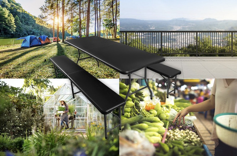 Folding garden table 180cm + 2 benches - black