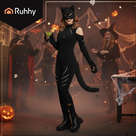 4-piece cat/fox costume, black, Ruhhy 26248