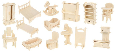 Set Holzmöbel für Puppen, 34-teilig.