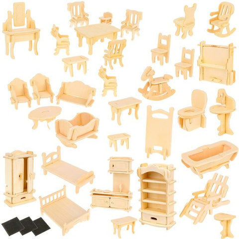 Set of wooden doll furniture, 34 pieces