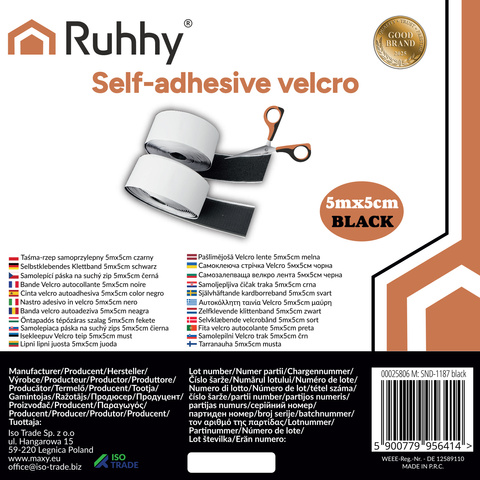 Self-adhesive Velcro tape 5mx5cm black Ruhhy 25806