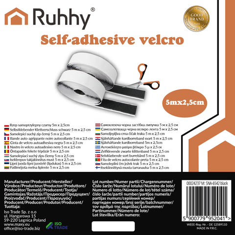 Самоклеящаяся липучка черная 5м x 2,5см Ruhhy 24237