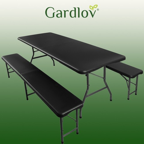 Folding garden table 180cm + 2 benches - black