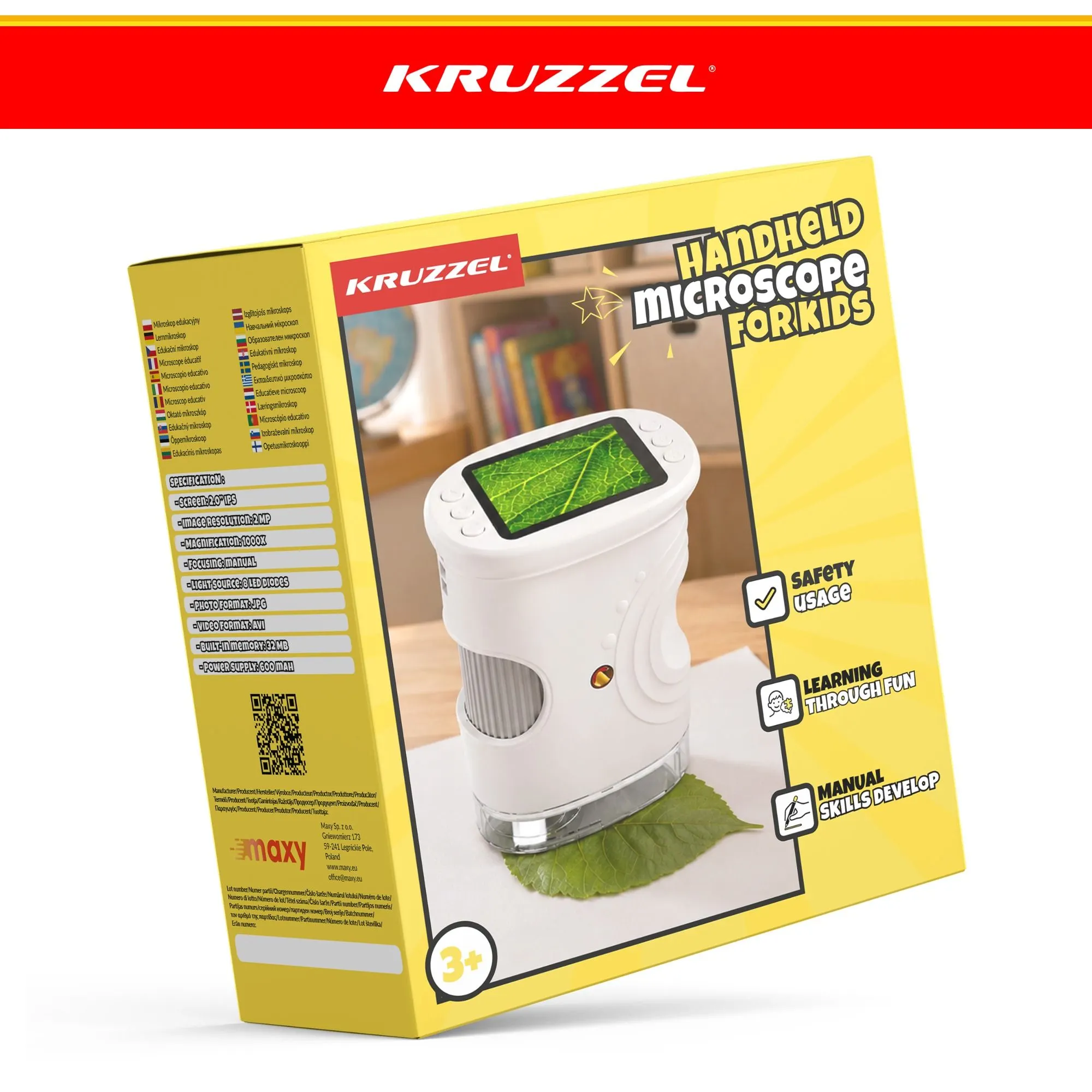 Дитячий цифровий кишеньковий мікроскоп Kruzzel 28318, 1000×, 2 Мп, IPS-екран 2", 8 LED, білий