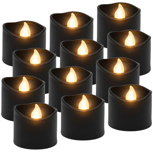 Świece LED 12 sztuk, czarne, efekt płomienia, baterie CR2032 w zestawie