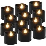 Świece LED 12 sztuk, czarne, efekt płomienia, baterie CR2032 w zestawie